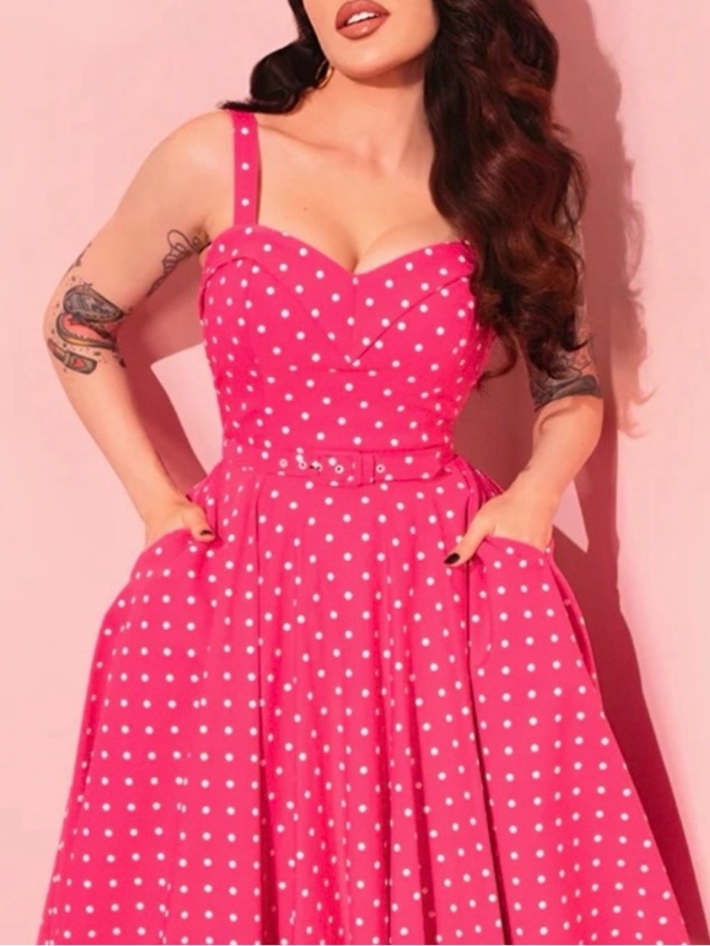 Vixen by Micheline Pitt Fuchsia Polka Dot Fit-and-Flare Midi Dress - Picture 2 of 6